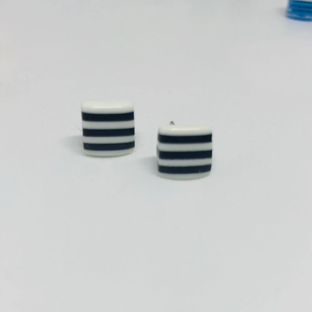 Black & White Minimalist Repurposed Vintage Striped Bead Stud Earrings